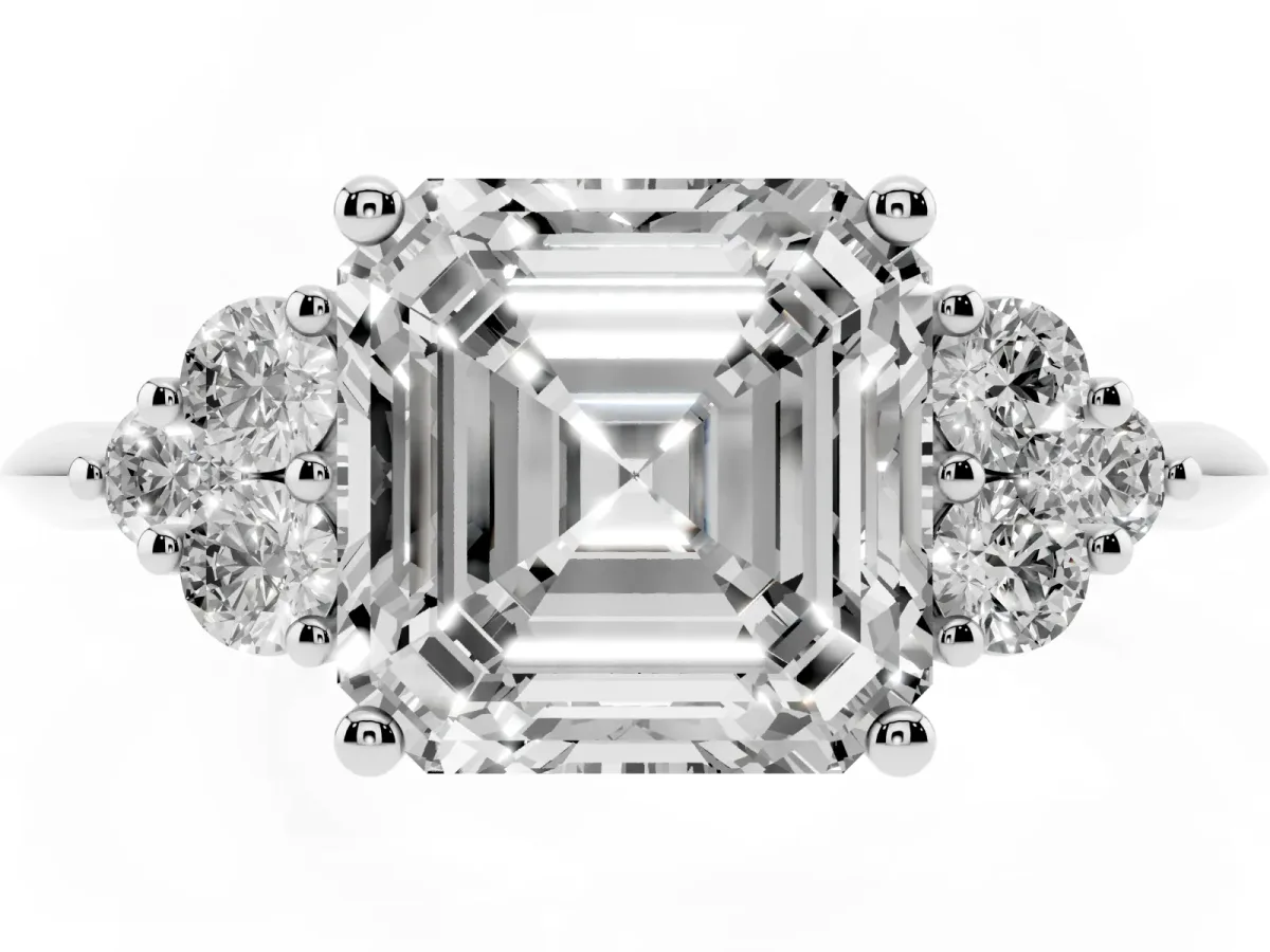 Asscher Cut Cut Diamond Cluster Ring with Solitaire Band and Four-Prong Setting Platinum