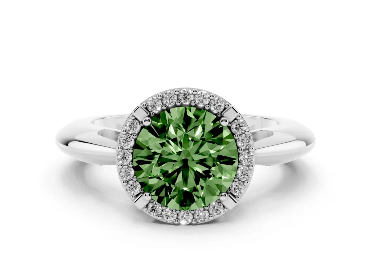 Fancy Green Round Cut Cut Diamond Halo Engagement Ring with Split Shank and Four-Prong Setting Silver