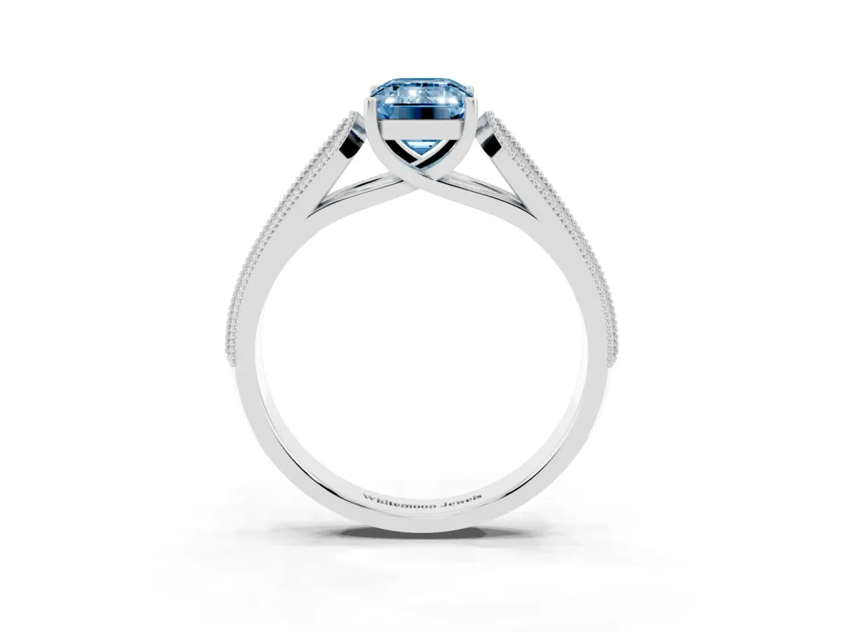 Fancy Blue Emerald Cut Cut Pave Split Shank Engagement Ring with Four-Prong Setting White gold