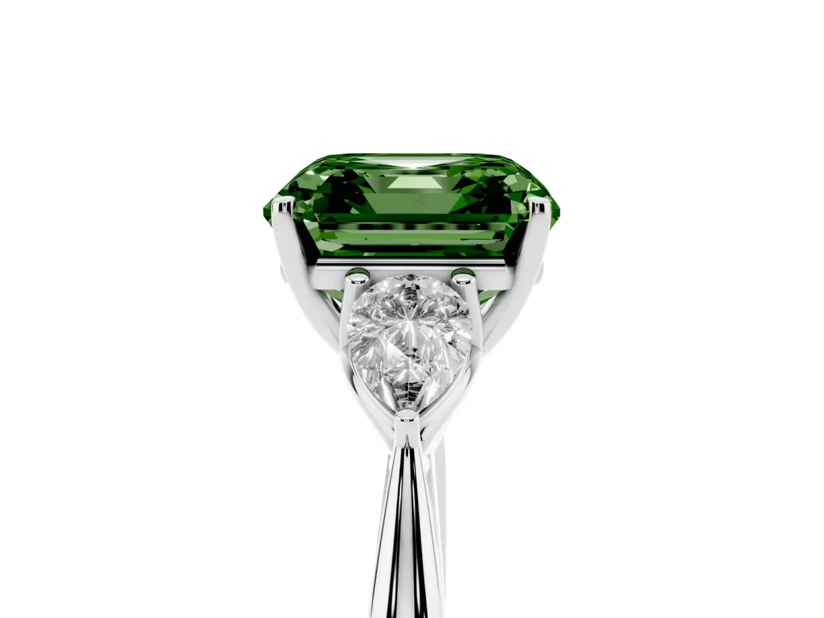 Fancy Green Asscher Cut Diamond Three-Stone Ring with Pear Side Stones and Prong Setting Silver