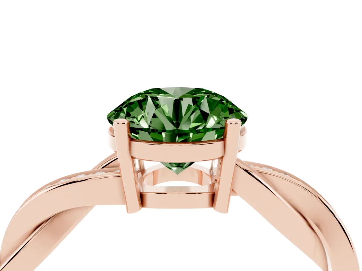 Fancy Green Round Cut Solitaire Twisted Pave Diamond Ring with Four-Prong Setting Rose gold