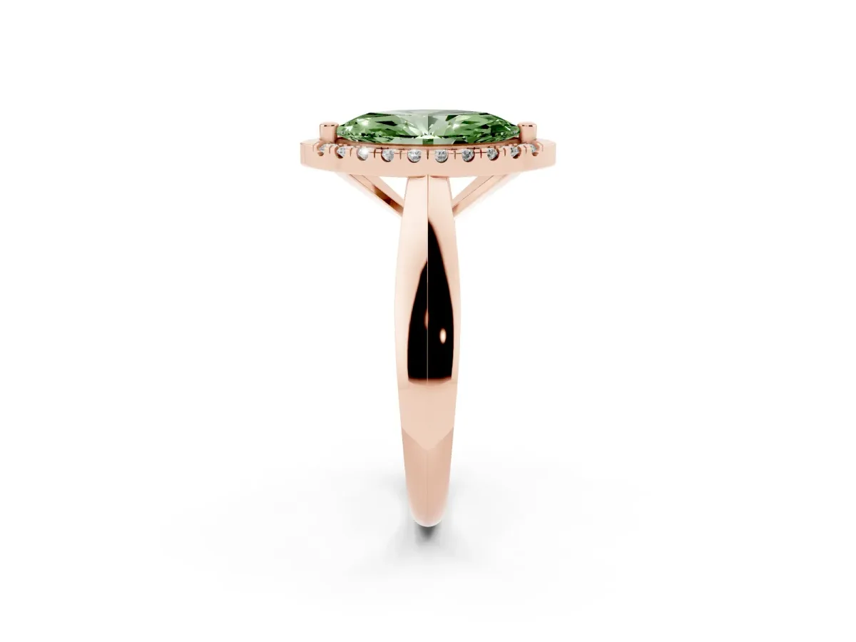 Fancy Green Marquise Cut Cut Halo Solitaire Engagement Ring with Square Band and Four-Prong Setting Rose gold