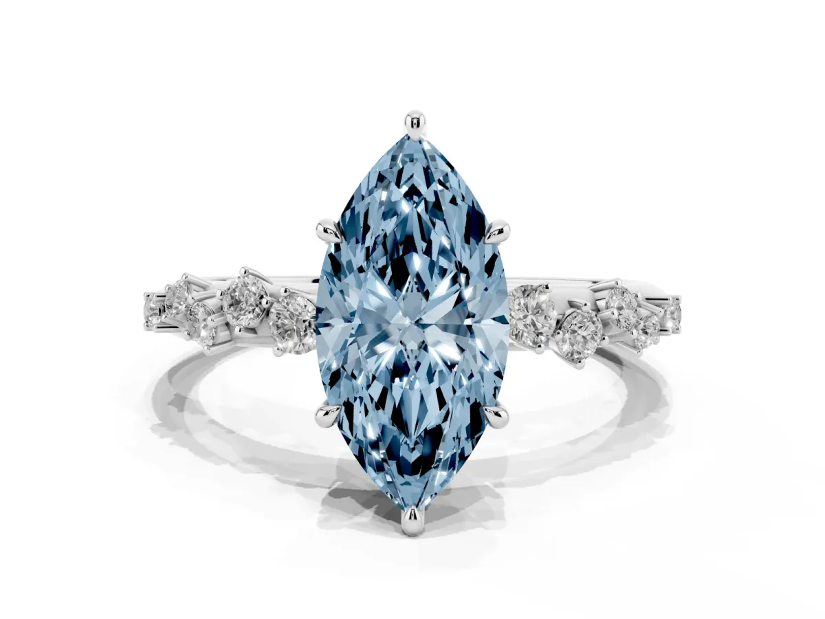 Fancy Blue Marquise Cut Diamond Cluster Side Stone Solitaire Ring with Prong Setting White gold
