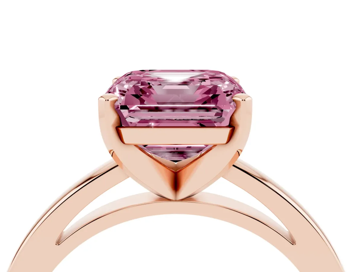 Fancy Pink Asscher Cut Solitaire Diamond Engagement Ring with Four-Prong Setting on a Classic Band Rose gold