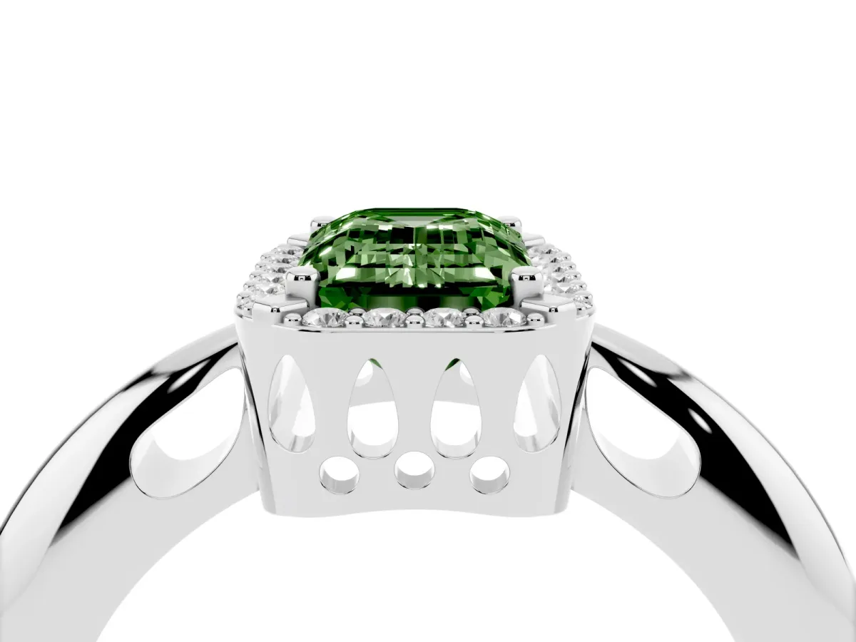 Fancy Green Emerald Cut Cut Diamond Halo Engagement Ring with Split Shank and Four-Prong Setting Silver