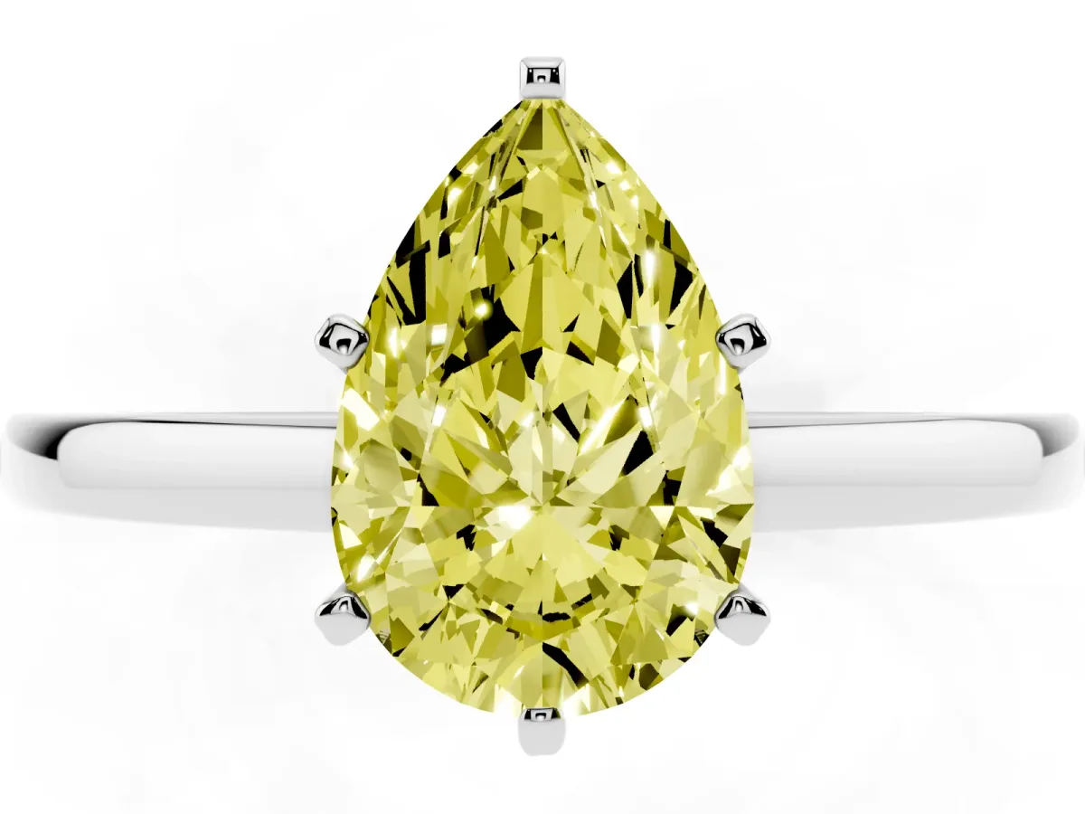 Fancy Yellow Pear Cut Solitaire Diamond Engagement Ring with Four-Prong Setting on a Classic Band White gold
