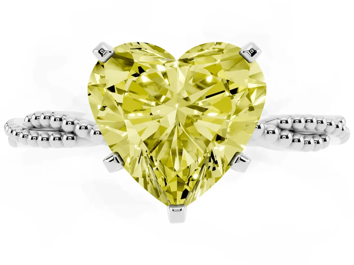 Fancy Yellow Heart Cut Solitaire Twisted Band with Bead Prong Setting Silver