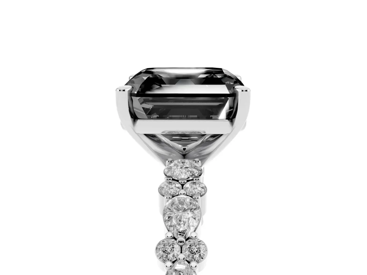 Fancy Black Asscher Cut Diamond Side Stone Solitaire Ring with Round and Four-Prong Setting Platinum