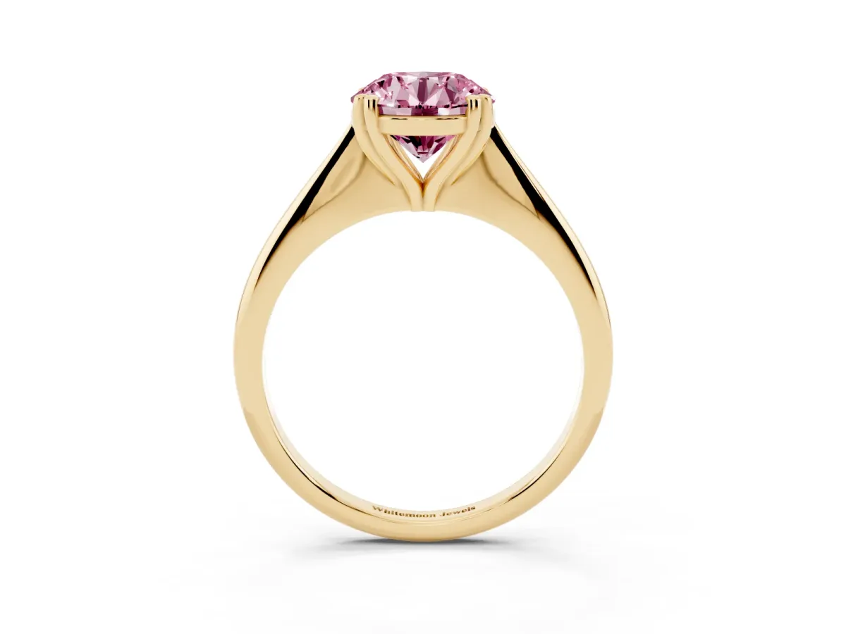 Fancy Pink Round Cut Solitaire Diamond Ring with Six-Prong Setting and Classic Band Yellow gold