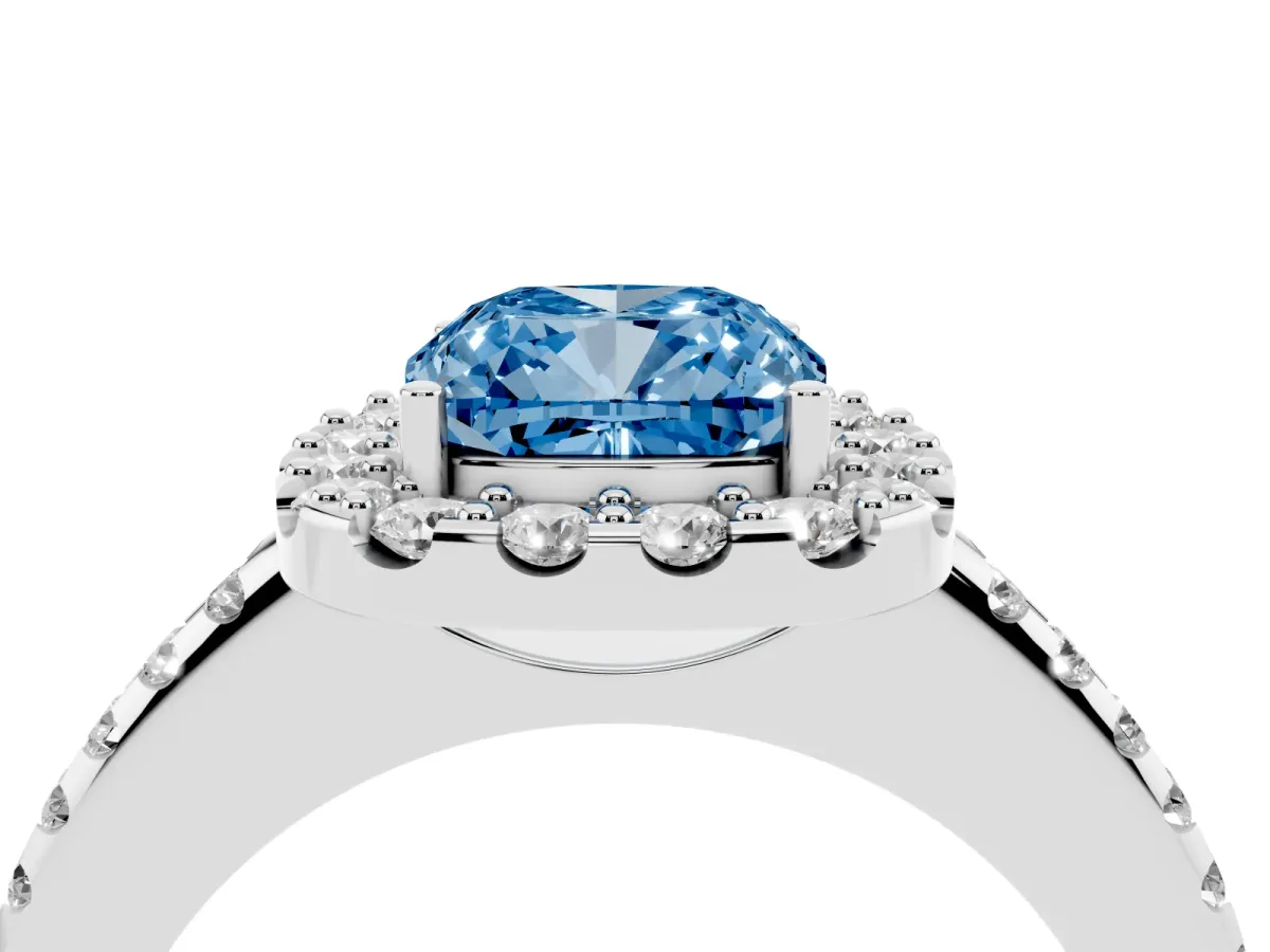 Fancy Blue Cushion Cut Diamond Pavé Halo Ring with Four-Prong Setting Silver
