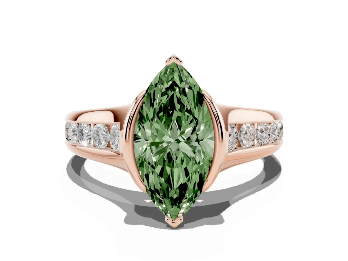 Fancy Green Marquise Cut Solitaire Bezel-Set Diamond Ring with Channel-Set Band Rose gold