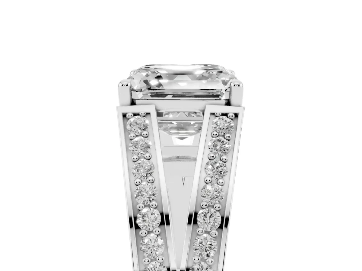 Asscher Cut Diamond Split Shank Ring with Pavé Band and Four-Prong Setting White gold