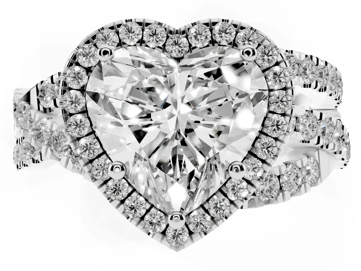 Heart Cut Diamond Halo Ring with Round Split Shank and Prong Setting White gold