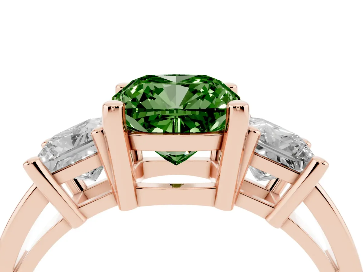 Fancy Green Three-Stone Cushion Cut Cut Solitaire Ring with Prong Setting Rose gold