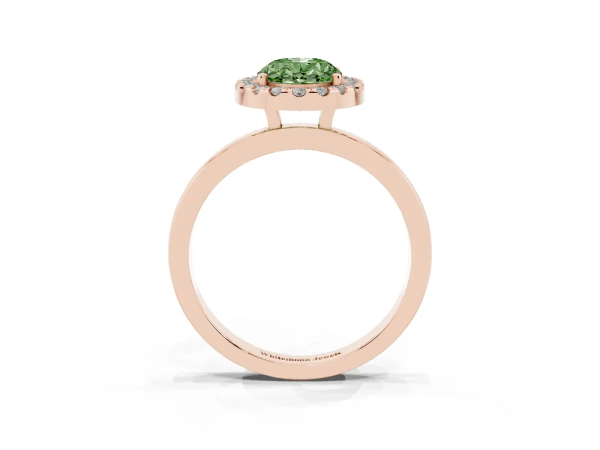 Fancy Green Oval Cut Halo Diamond Solitaire with Pavé Band and Four-Prong Setting Rose gold