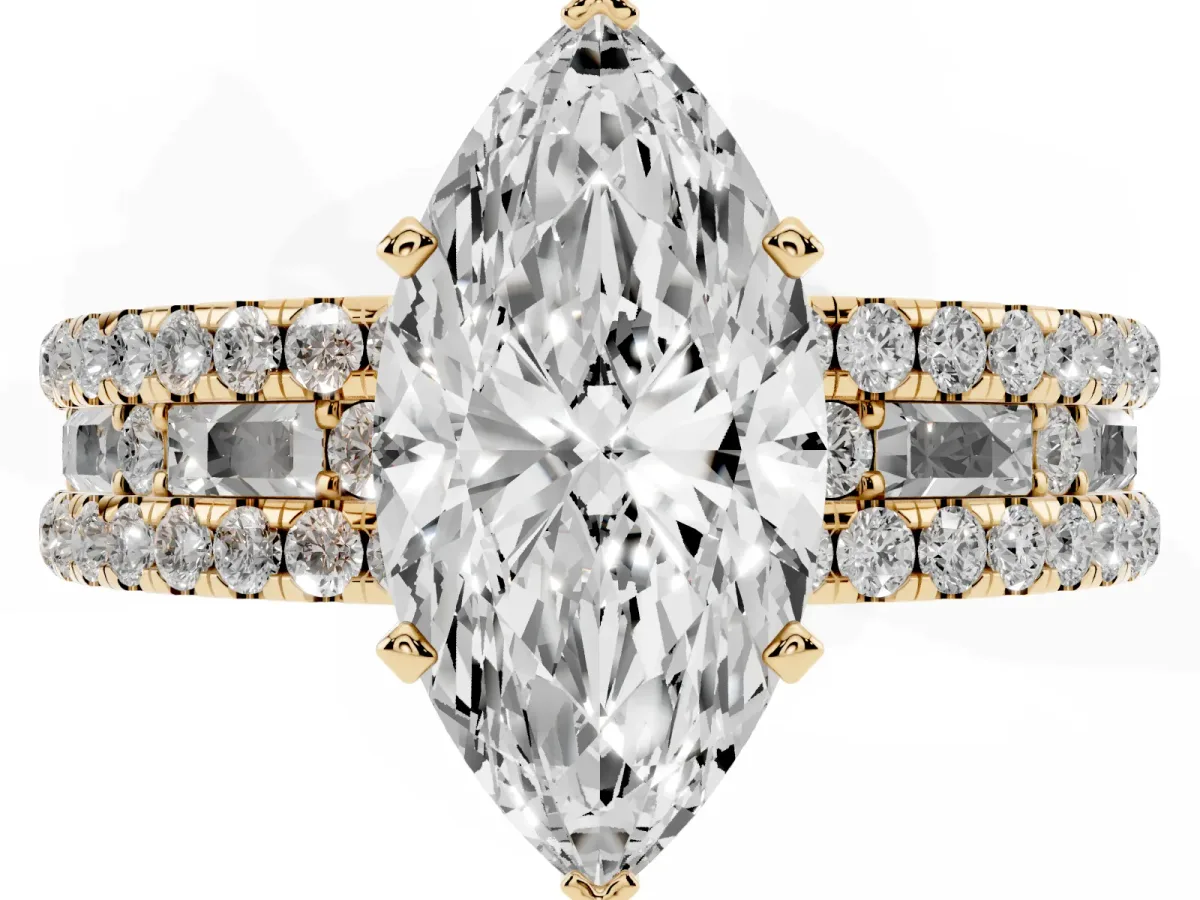 Marquise Cut Diamond Solitaire Ring with Pavé and Channel Set Band Yellow gold