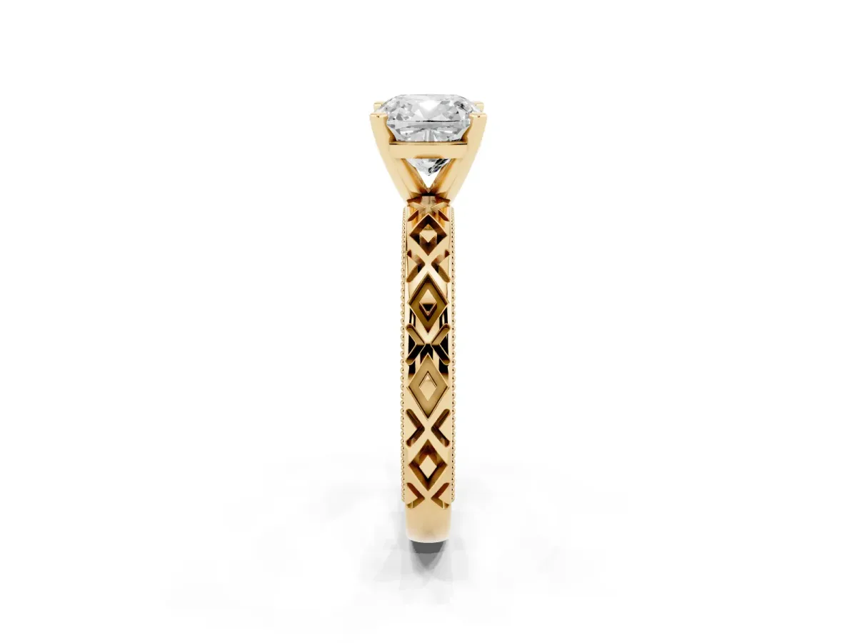 Cushion Cut Solitaire Diamond Ring with Milgrain and Black Enamel X Pattern Band Yellow gold