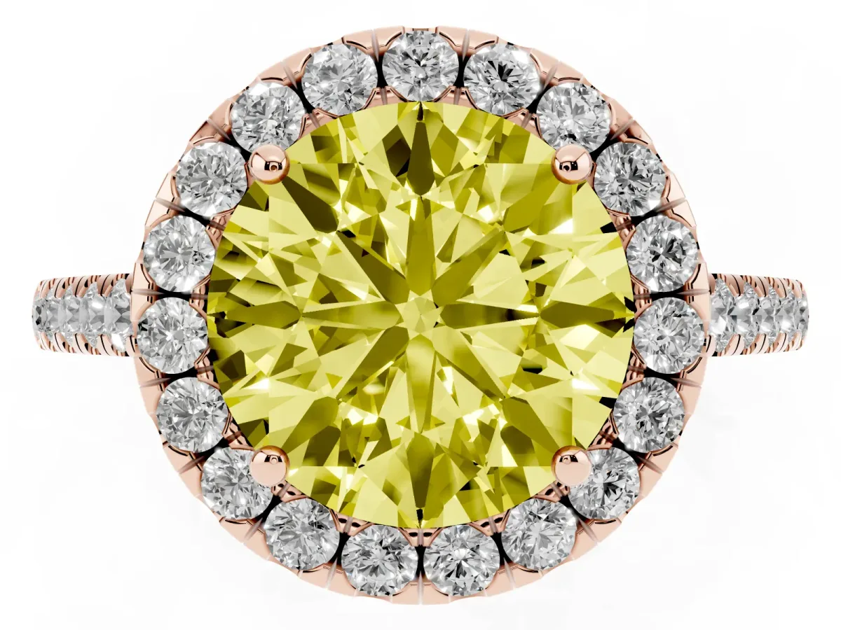Fancy Yellow Round Cut Halo Pave Diamond Engagement Ring with Four-Prong Setting Rose gold