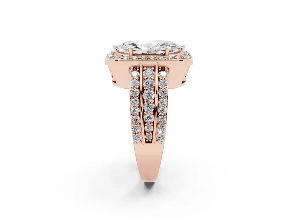 Marquise Cut Halo Diamond Ring with Round Split Shank and Prong Setting Rose gold