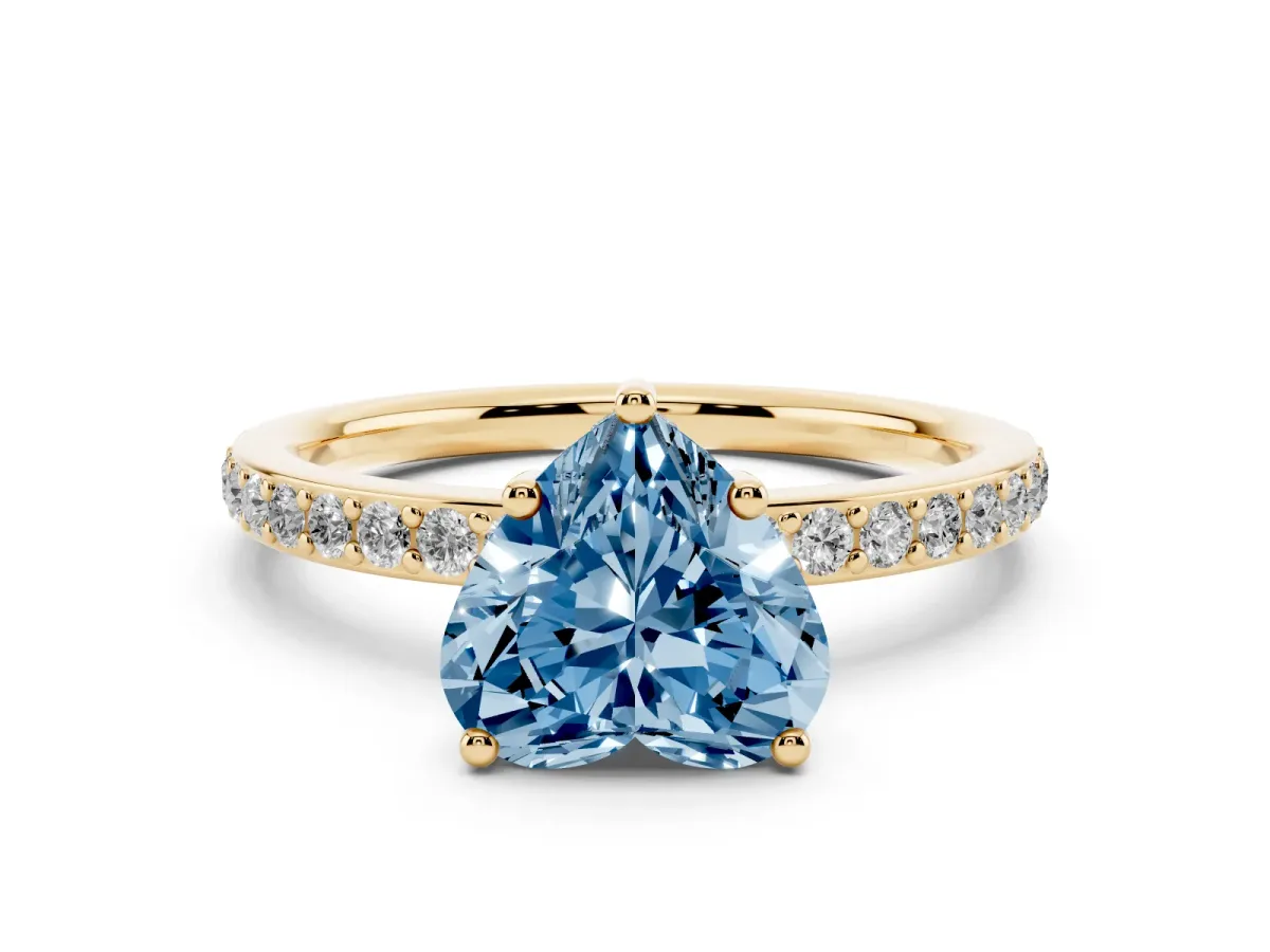 Fancy Blue Heart Cut Cut Diamond Pavé Band Ring with Four-Prong Setting Yellow gold