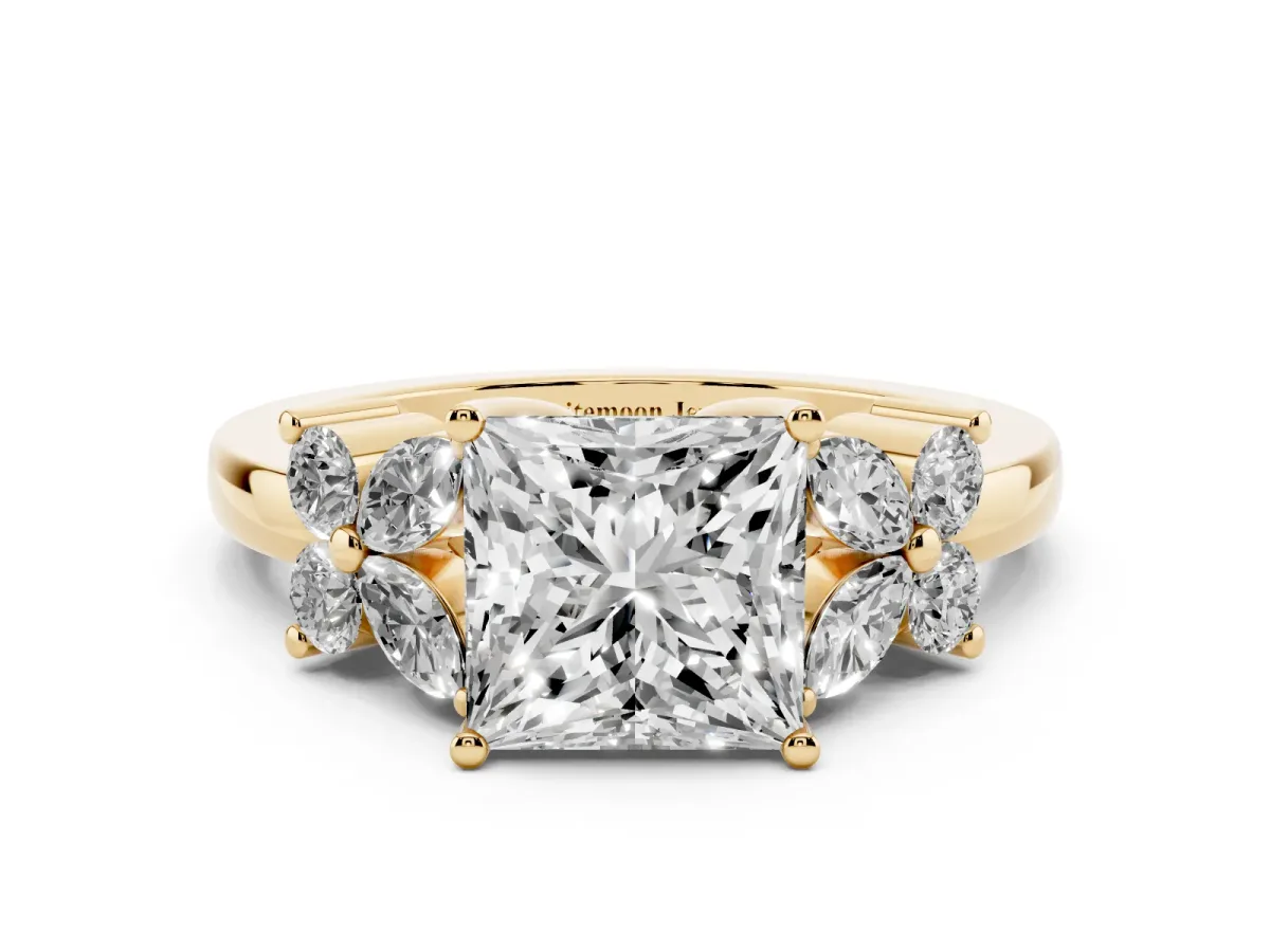 Princess Cut Diamond Floral Cluster Ring with Solitaire Band and Prong Setting Yellow gold