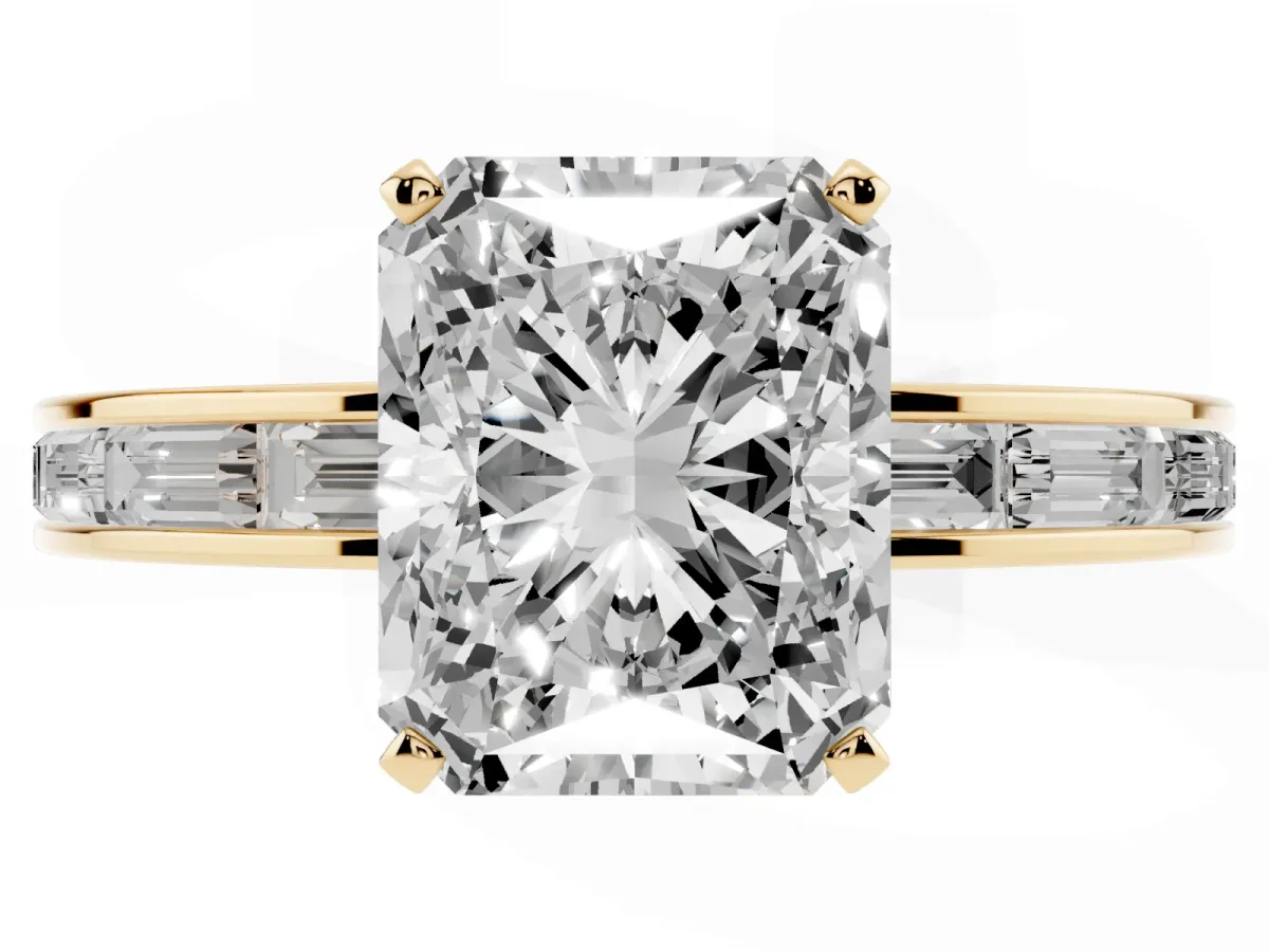 Radiant Cut Solitaire Diamond Ring with Channel-Set Baguette Band and Four-Prong Setting Yellow gold