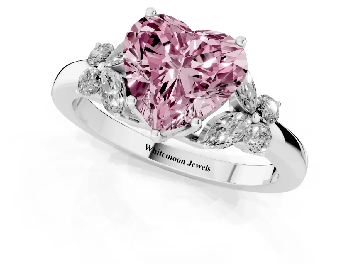 Fancy Pink Heart Cut Cut Solitaire Floral Diamond Ring with Four-Prong Setting Silver