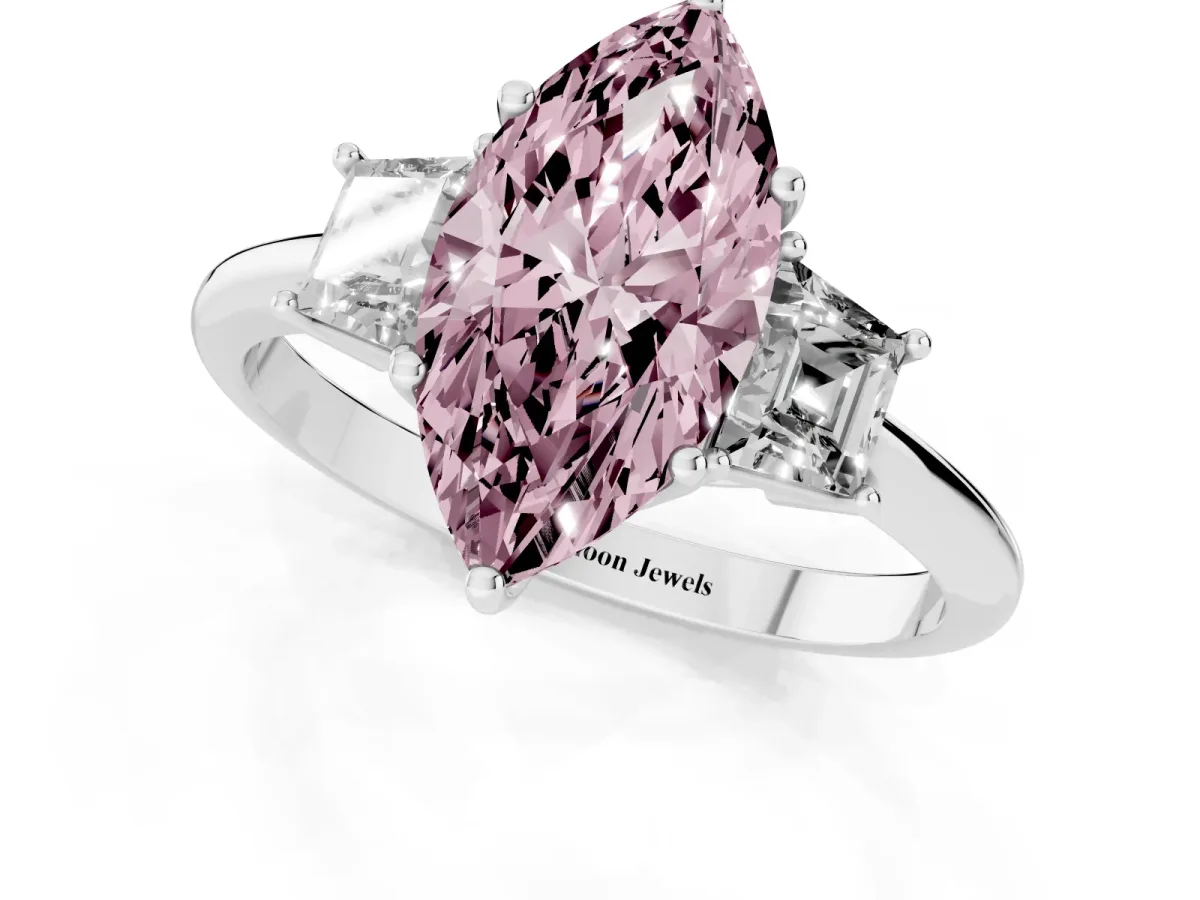 Fancy Pink Marquise Cut Diamond Three-Stone Ring with Trapezoid Side Stones and Prong Setting Silver