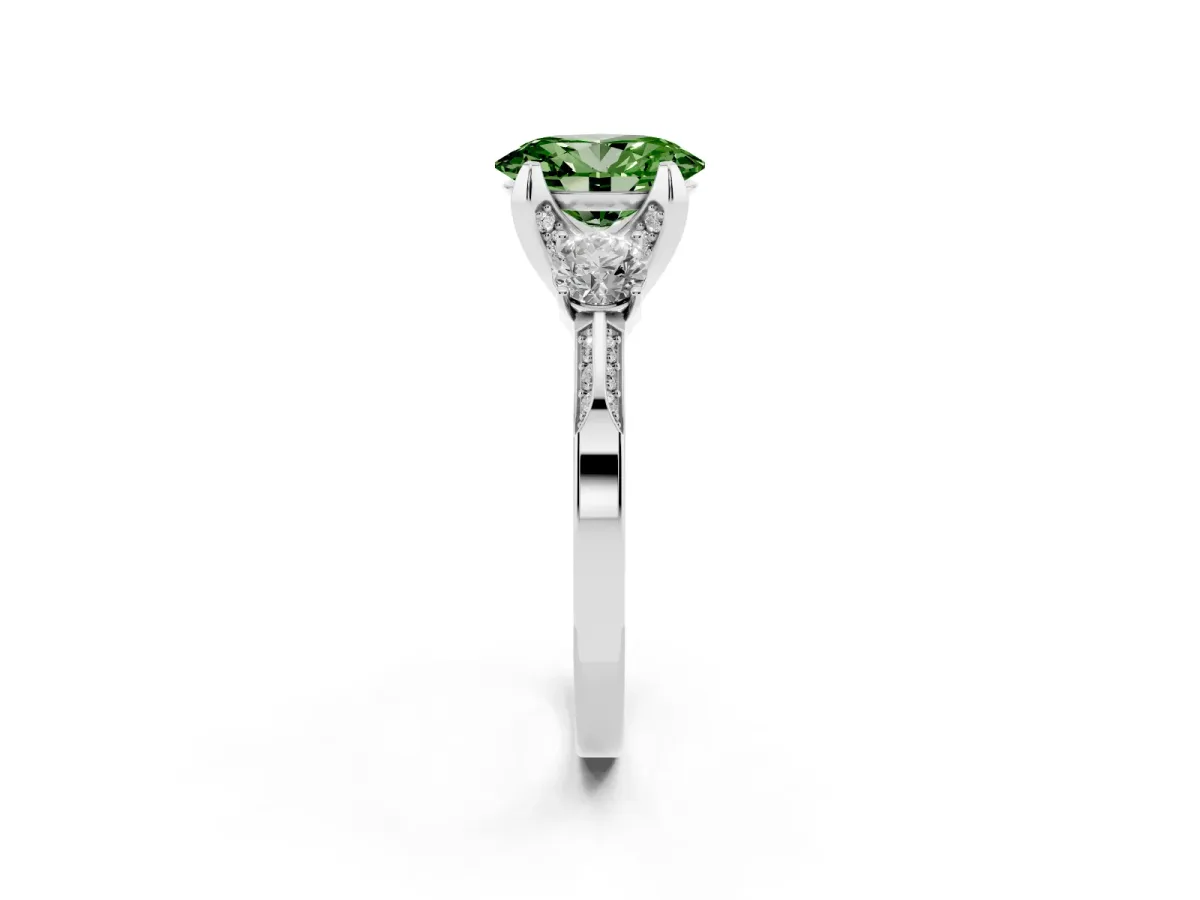 Fancy Green Oval Cut Brilliant Three-Stone Diamond Ring with Pavé Band and Four-Prong Setting White gold