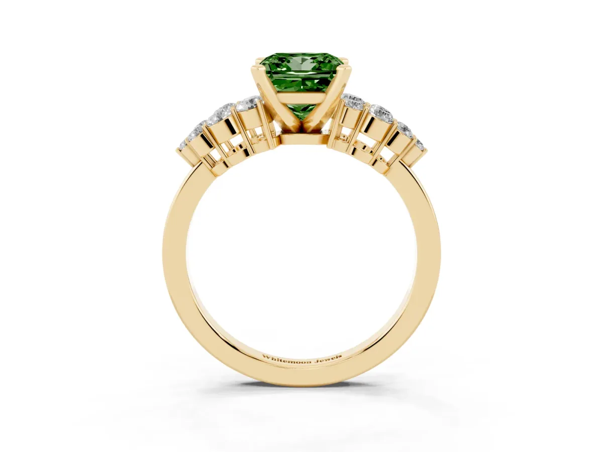 Fancy Green Princess Cut Cluster Diamond Engagement Ring with Pavé Band and Four-Prong Setting Yellow gold