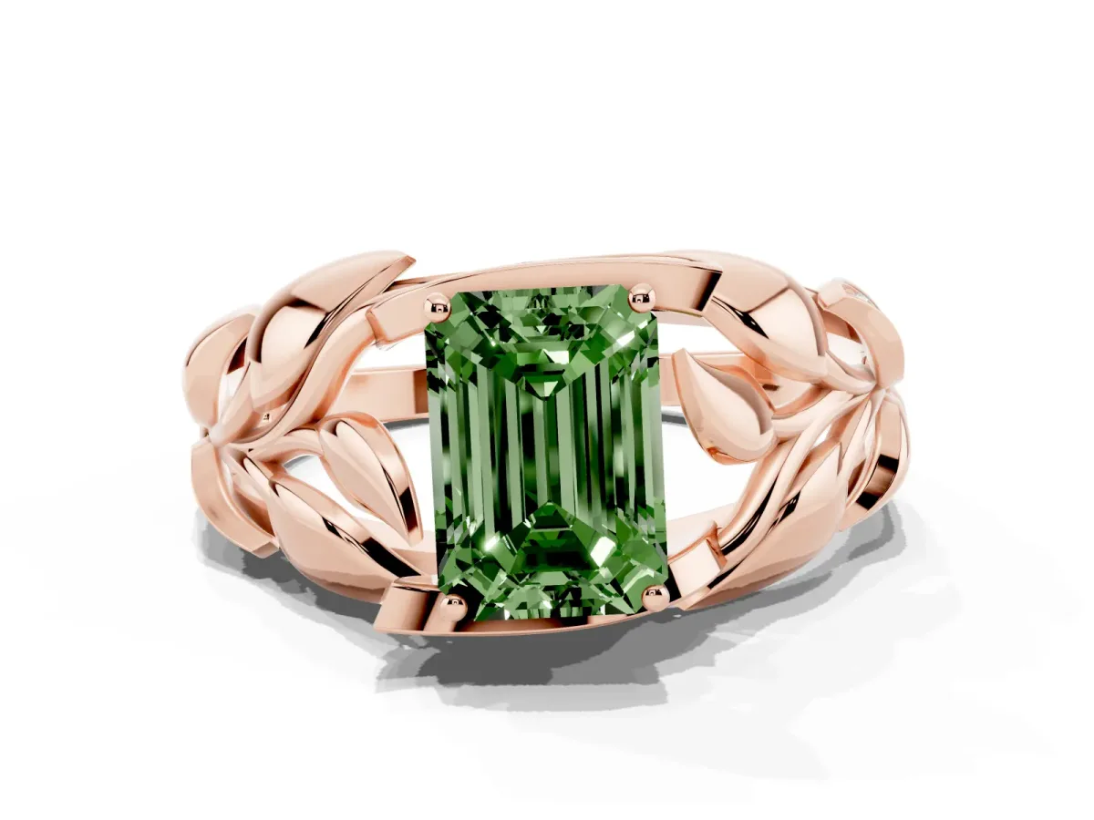 Fancy Green Emerald Cut Diamond Leaf-Inspired Engagement Ring with Round Accents and Prong Setting Rose gold