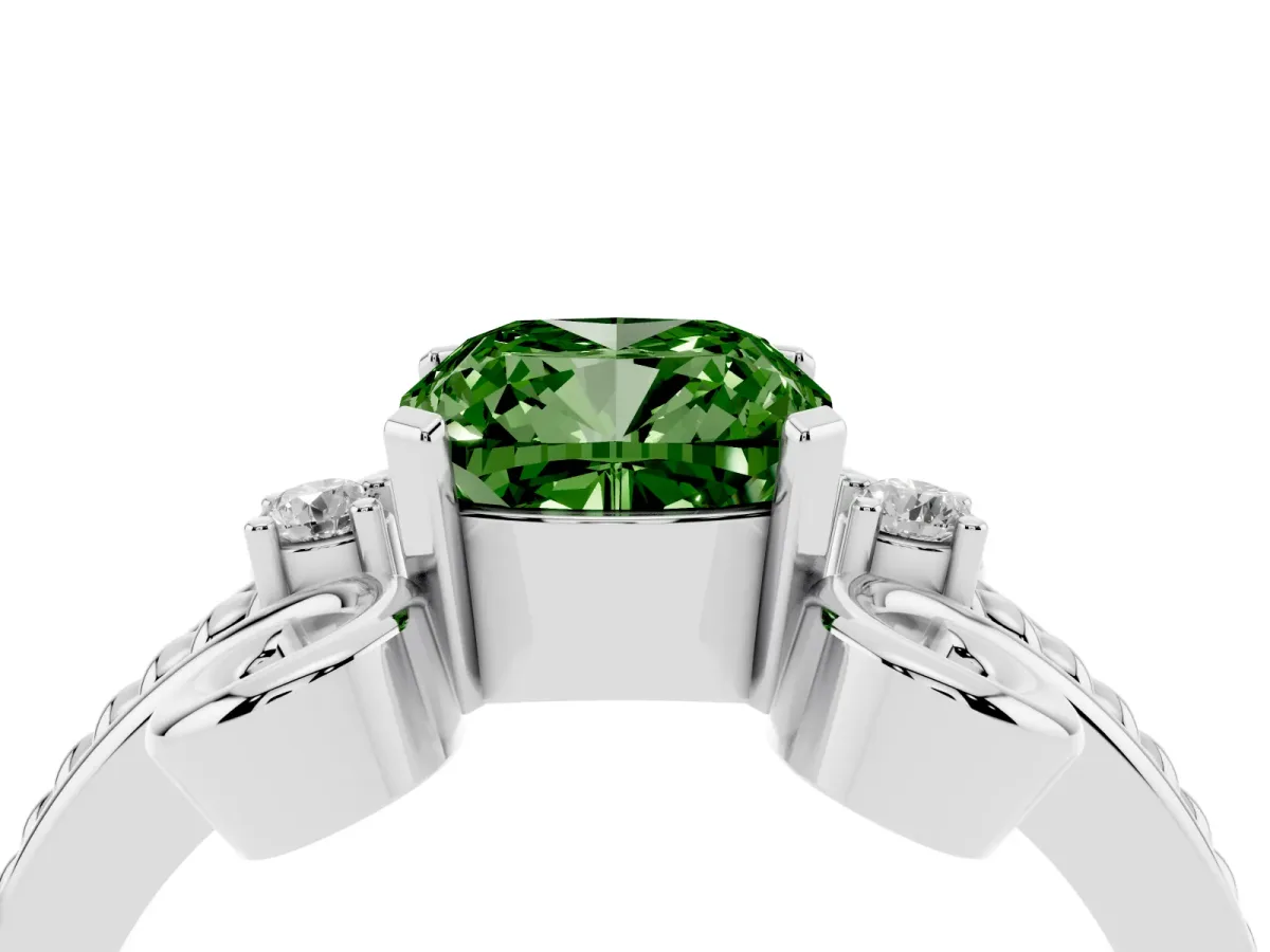Fancy Green Cushion Cut Solitaire Twisted Band Scroll Prong Ring Silver