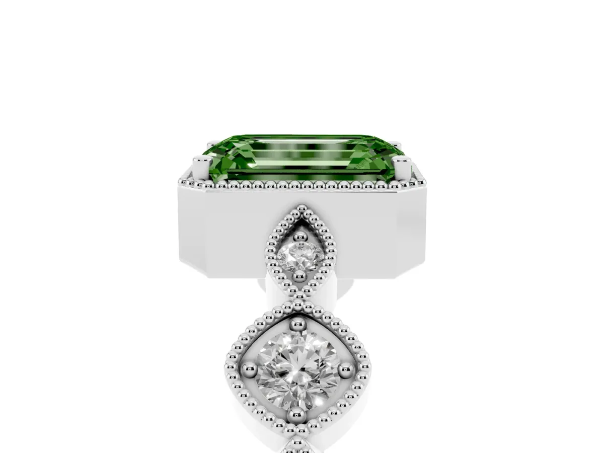 Fancy Green Emerald Cut Diamond Vintage Milgrain Ring with Round Stations Silver
