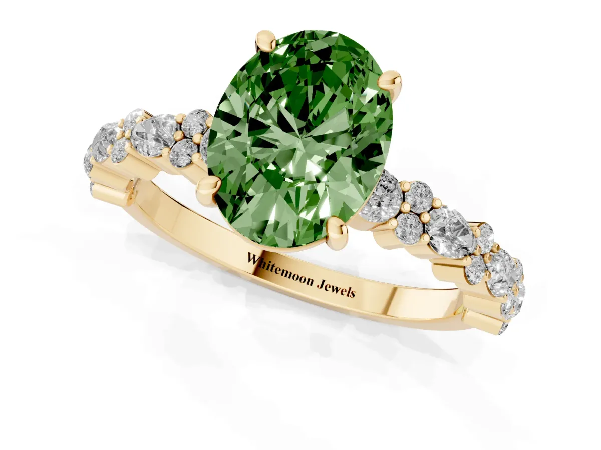 Fancy Green Oval Cut Diamond Side Stone Solitaire Ring with Round and Four-Prong Setting Yellow gold