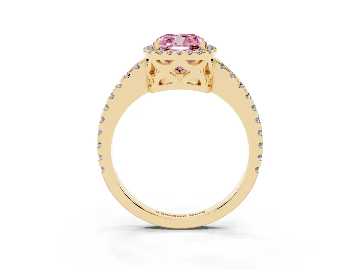 Fancy Pink Cushion Cut Diamond Halo Engagement Ring with Pavé Band and Prong Setting Yellow gold