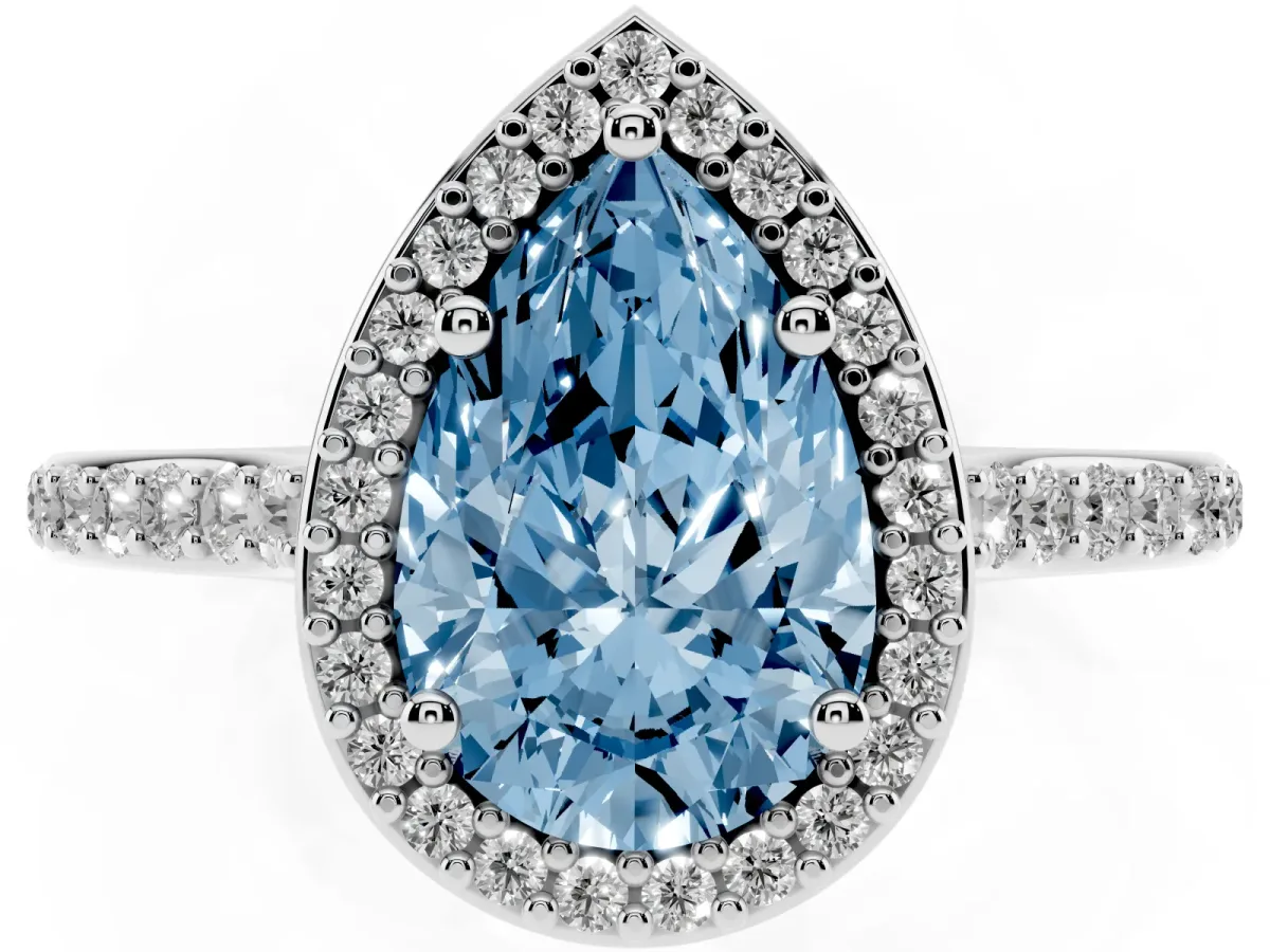 Fancy Blue Pear Cut Diamond Halo Engagement Ring with Round Pavé Shoulders and Prong Setting Platinum