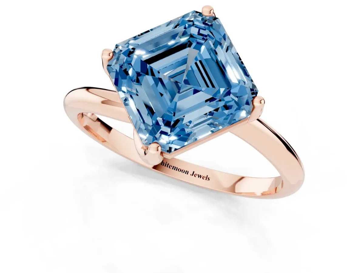 Fancy Blue Asscher Cut Diamond Solitaire Engagement Ring with Four-Prong Setting and Classic Band Rose gold