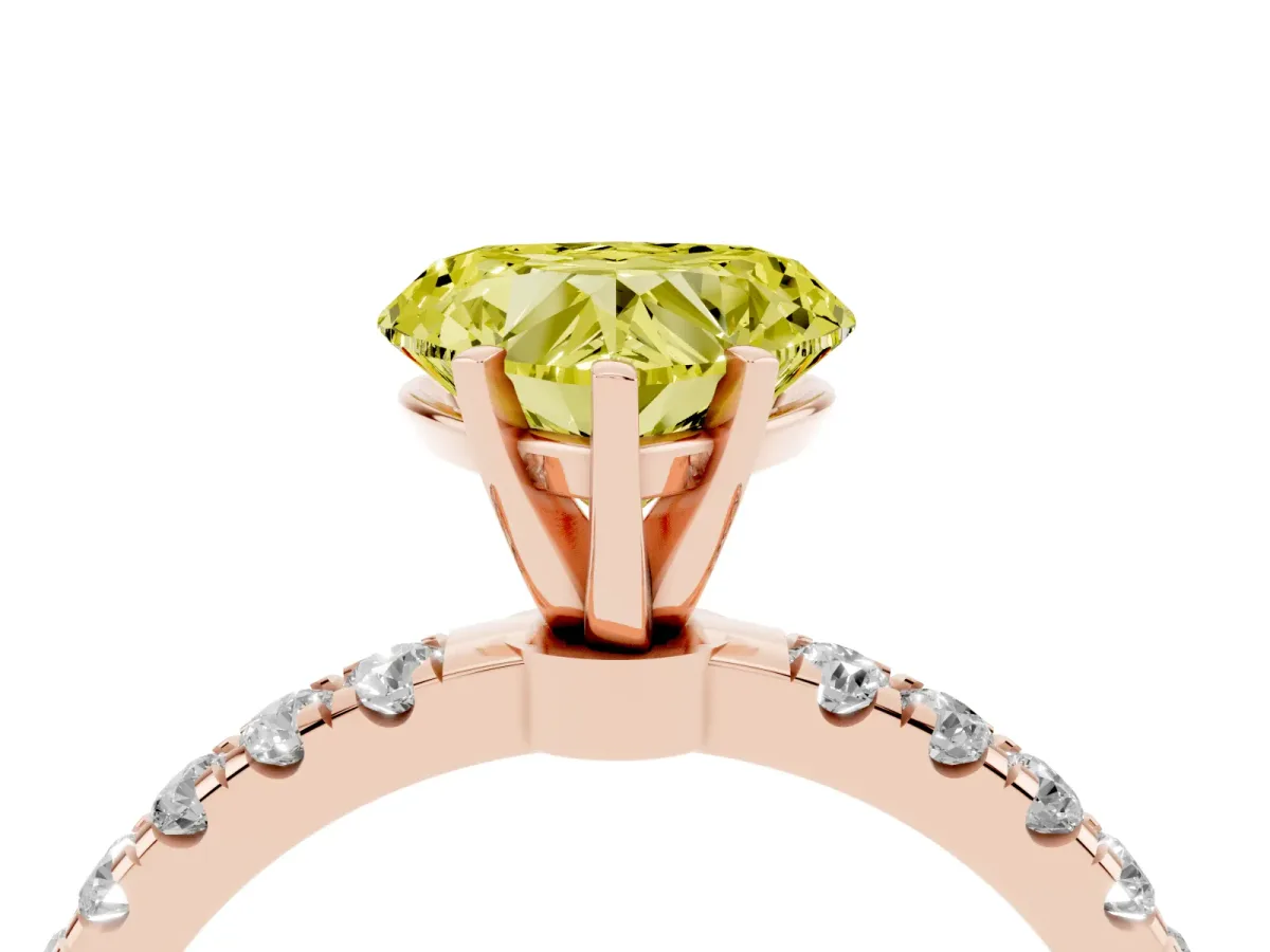 Fancy Yellow Heart Cut Diamond Solitaire Ring with Pavé Accents and Four-Prong Setting Rose gold