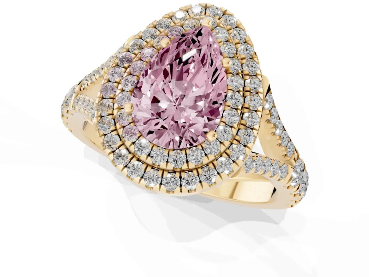 Fancy Pink Pear Cut Diamond Pavé Split Shank Double Halo Engagement Ring Yellow gold