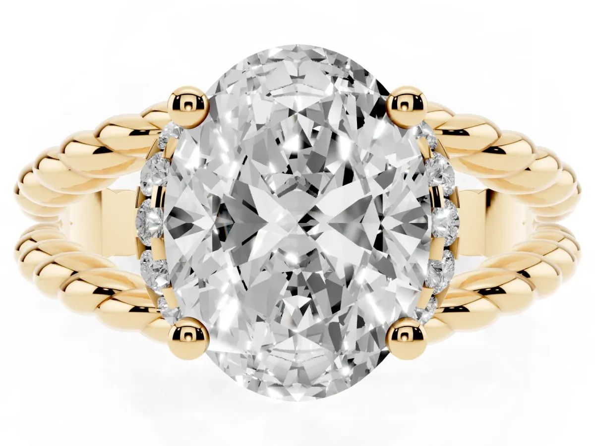 Oval Cut Halo Twisted Band Four-Prong Ring Yellow gold