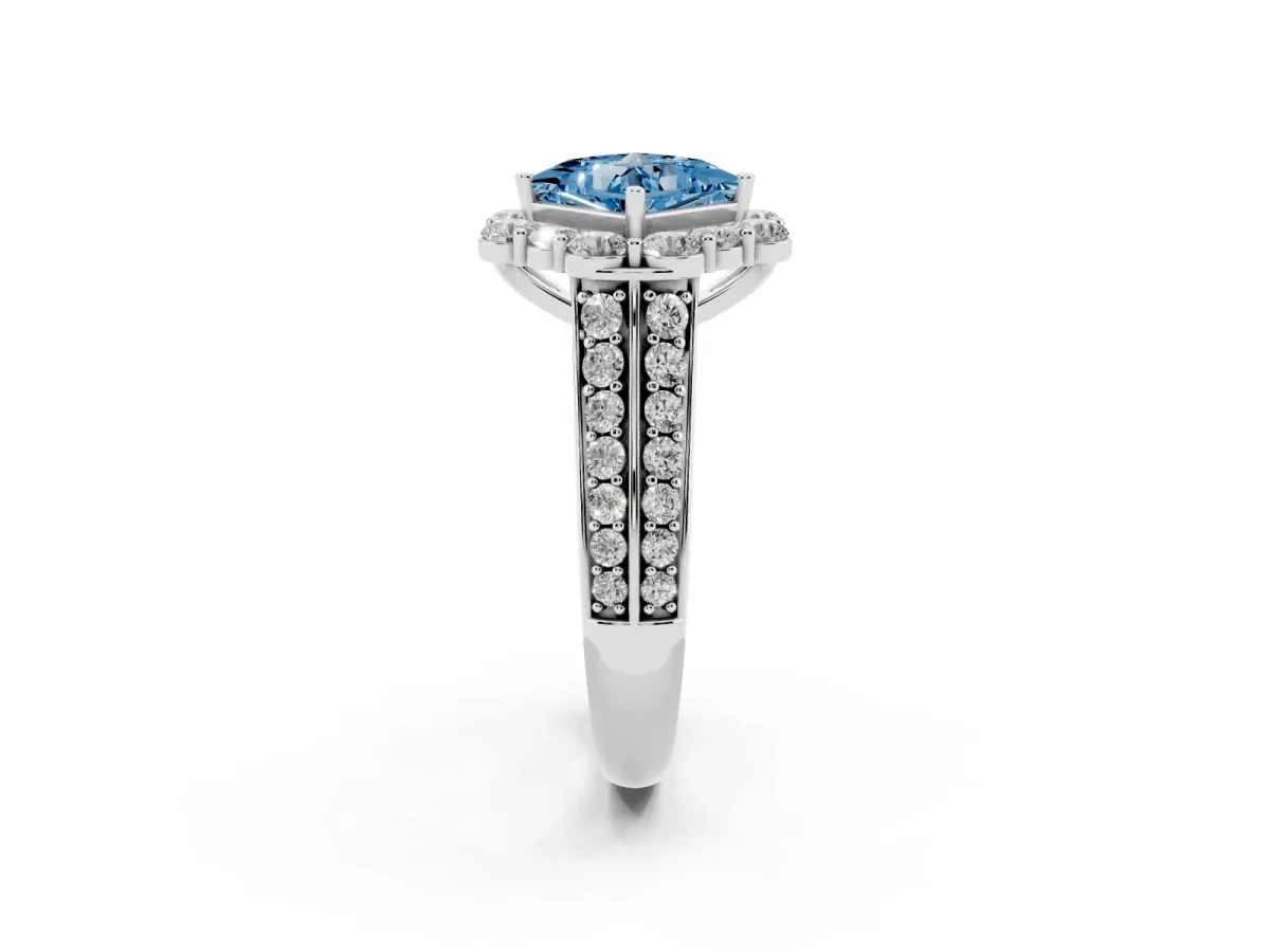 Fancy Blue Princess Cut Halo Diamond Engagement Ring with Split Shank and Prong Setting Silver
