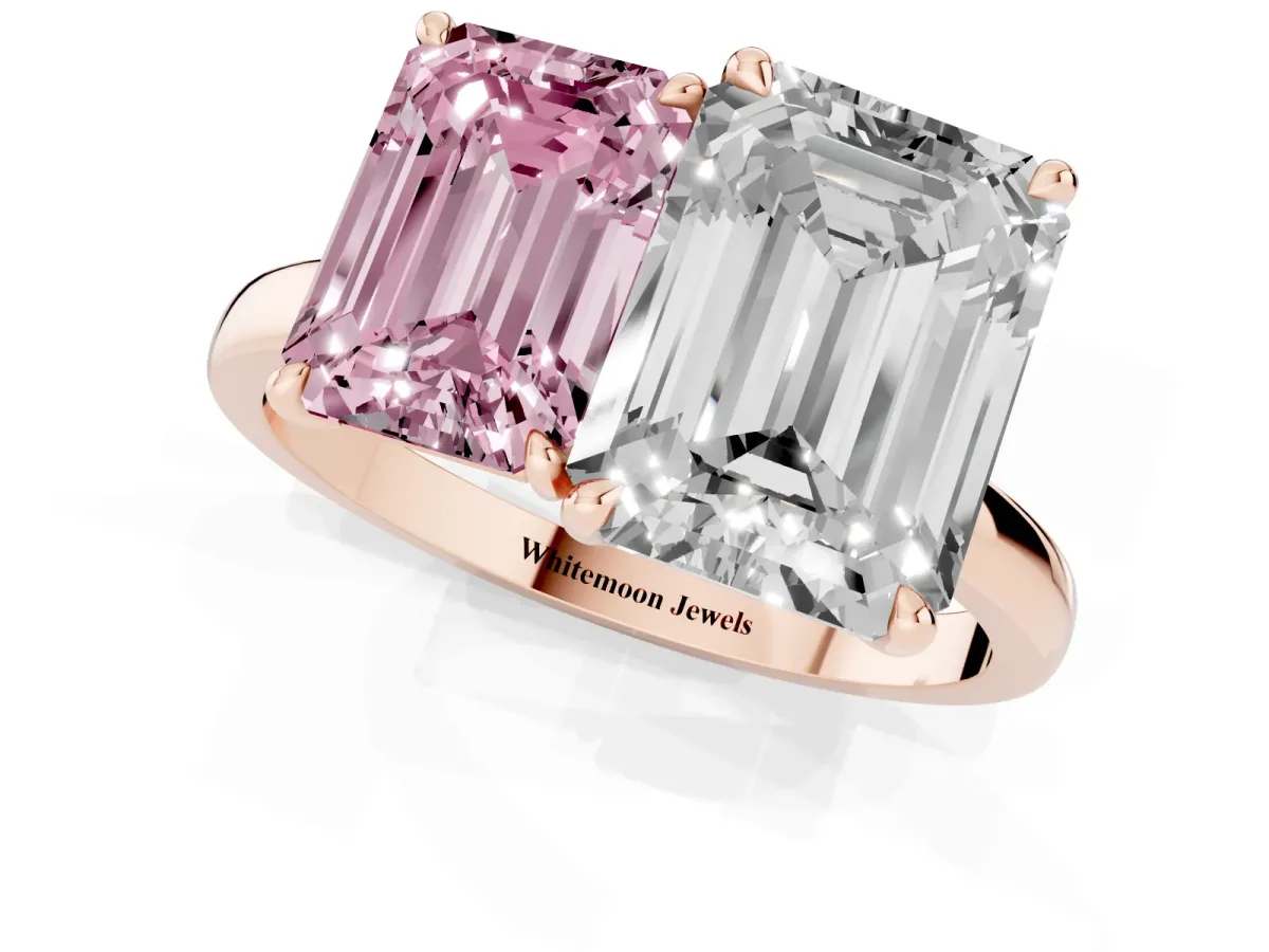 Fancy Pink Emerald Cut and Emerald Cut Toi Moi Ring with Prong Setting Rose gold