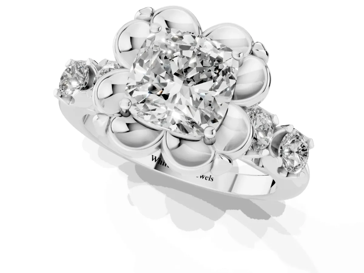 Cushion Cut Cut Diamond Floral Halo Engagement Ring with Shared Prong Setting Silver