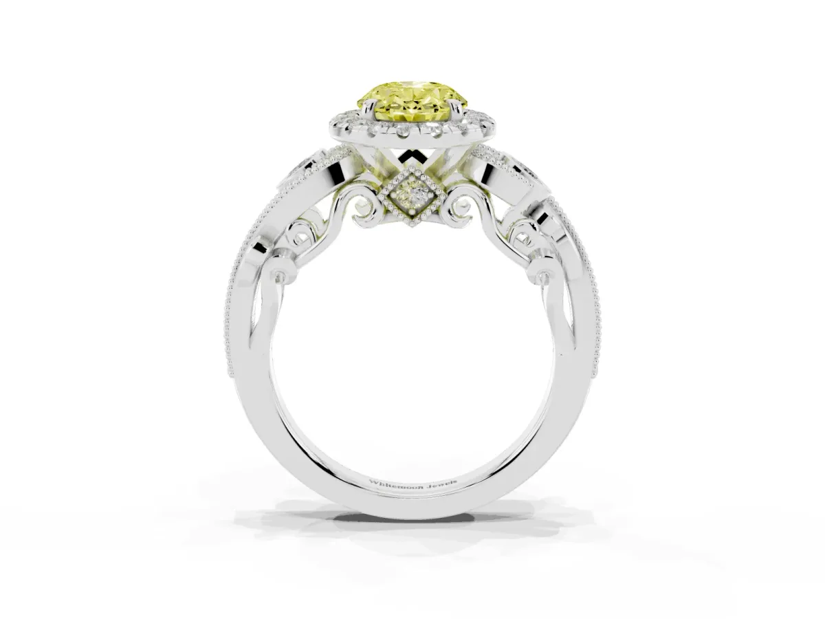 Fancy Yellow Oval Cut Halo Diamond Ring with Milgrain and Bezel Accents on a Split Shank Band Platinum