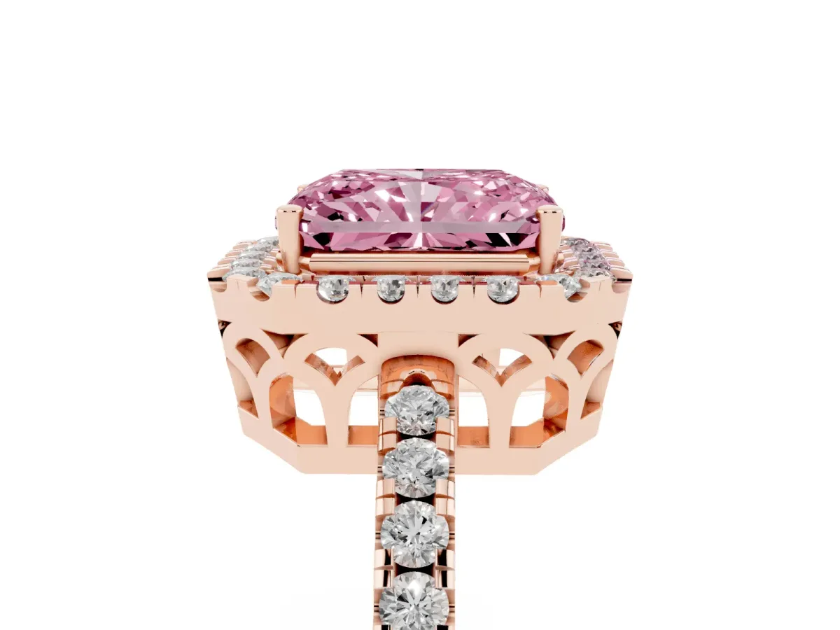 Fancy Pink Radiant Cut Halo Diamond Engagement Ring with Pavé Band and Four-Prong Setting Rose gold