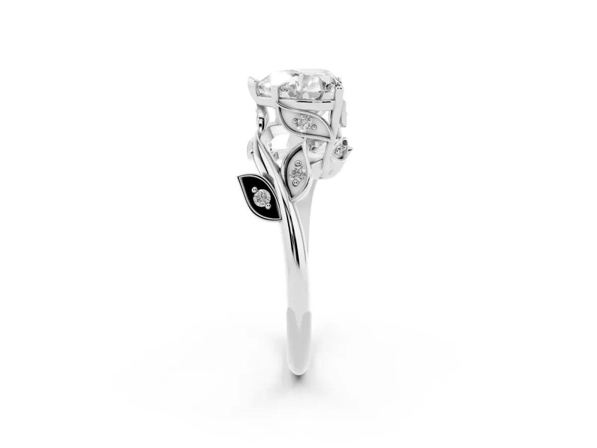 Heart Cut Solitaire Twist Engagement Ring with Leaf Accents and Prong Setting Silver