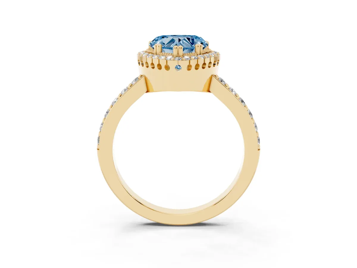 Fancy Blue Heart Cut Cut Diamond Halo Engagement Ring with Milgrain Detail and Pavé Band Yellow gold