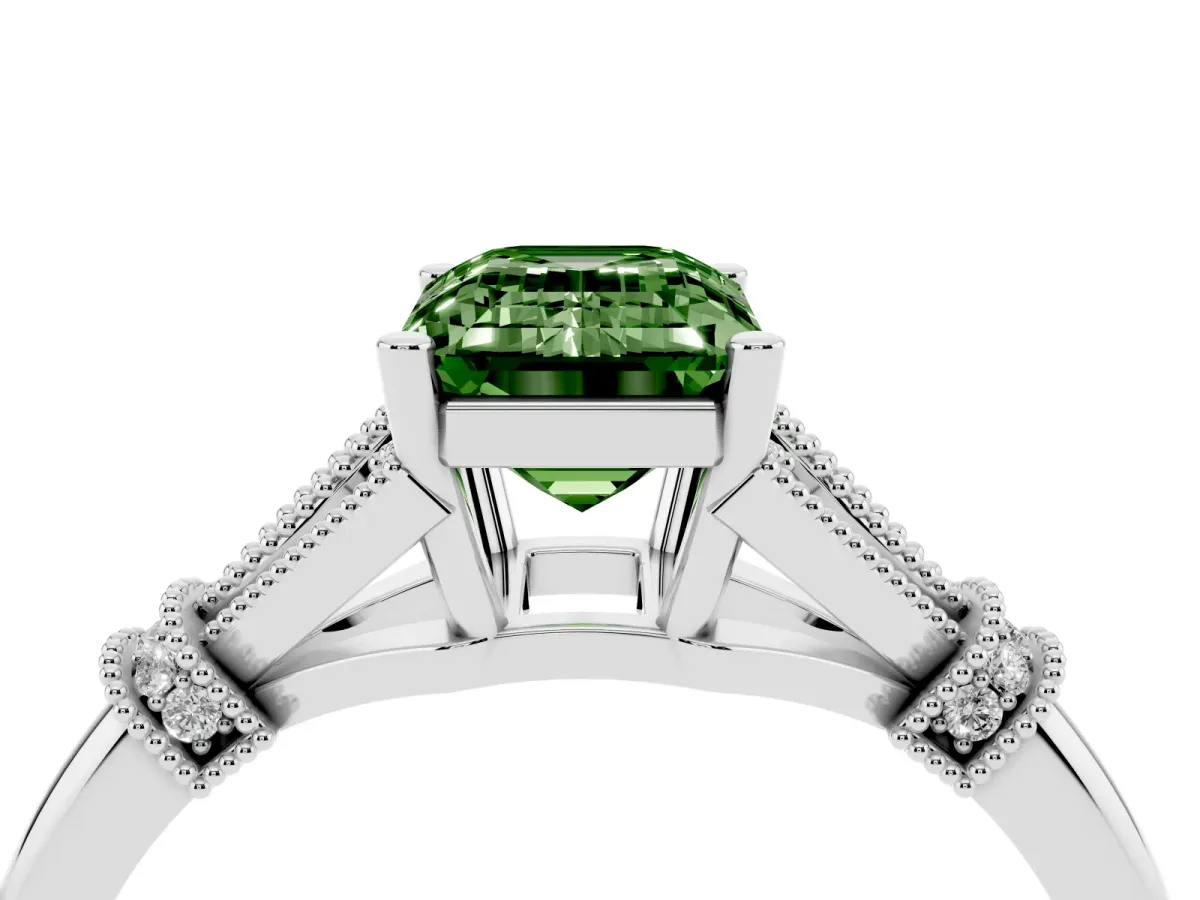 Fancy Green Emerald Cut Diamond Solitaire Ring with Floral Filigree and Pave Accents Silver