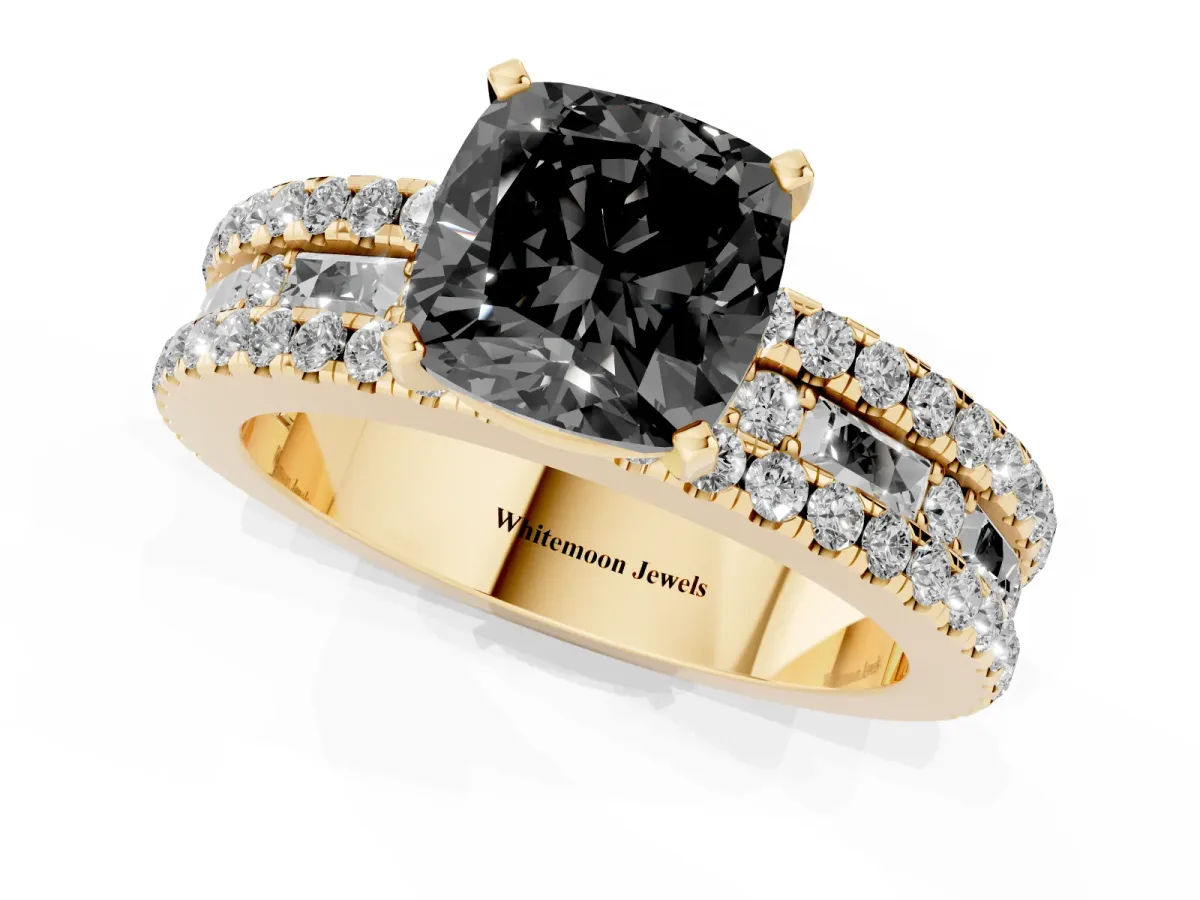 Fancy Black Cushion Cut Diamond Solitaire Ring with Pavé and Channel Set Band Yellow gold