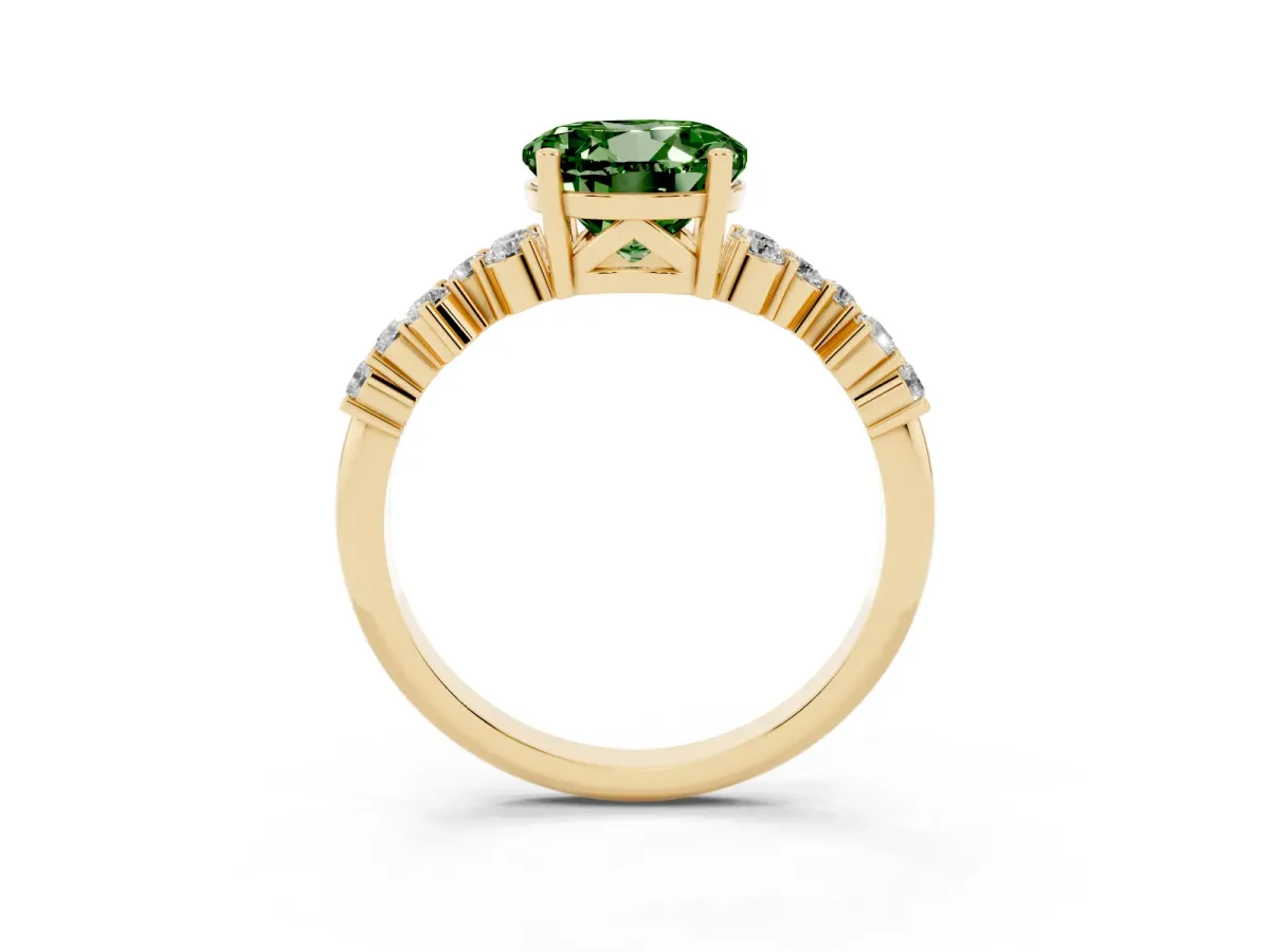 Fancy Green Round Cut Diamond Scattered Round Accent Ring with Prong Setting Yellow gold